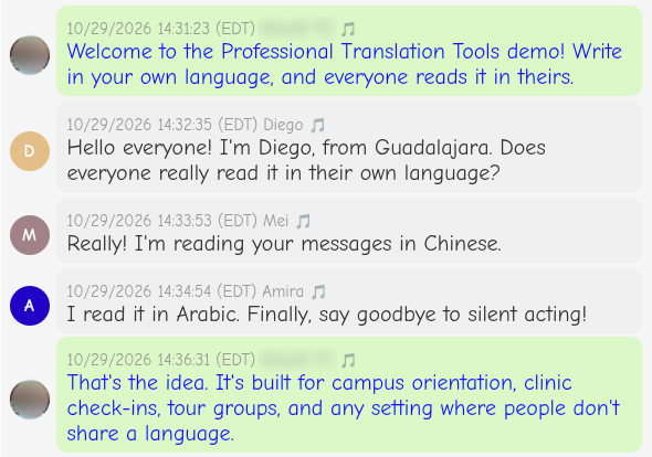 A real PTT group chat on the host's screen. Messages written in Spanish, Chinese and Arabic all appear in English.