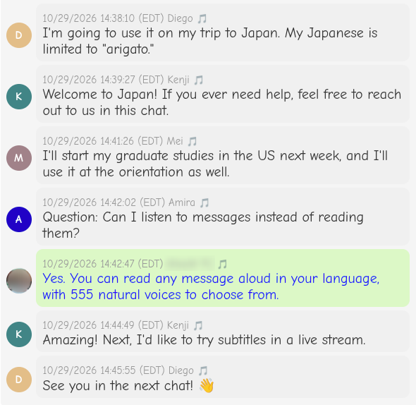 The second half of a real PTT group chat on the host's screen. Messages written in Japanese, Chinese, Arabic and Spanish all appear in English.